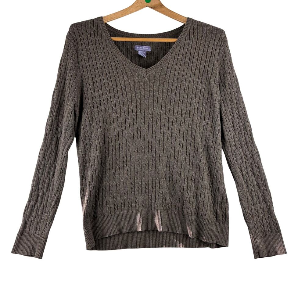 Laura Scott Brown Cable Knit Sweater Women's Large Preppy Classic Long Sleeve